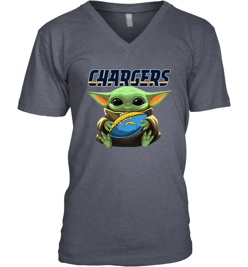 Baby Yoda Loves The Los Angeles Chargers Star Wars Baby Yoda Hugs Chargers NFL Mens V-Neck T-Shirt