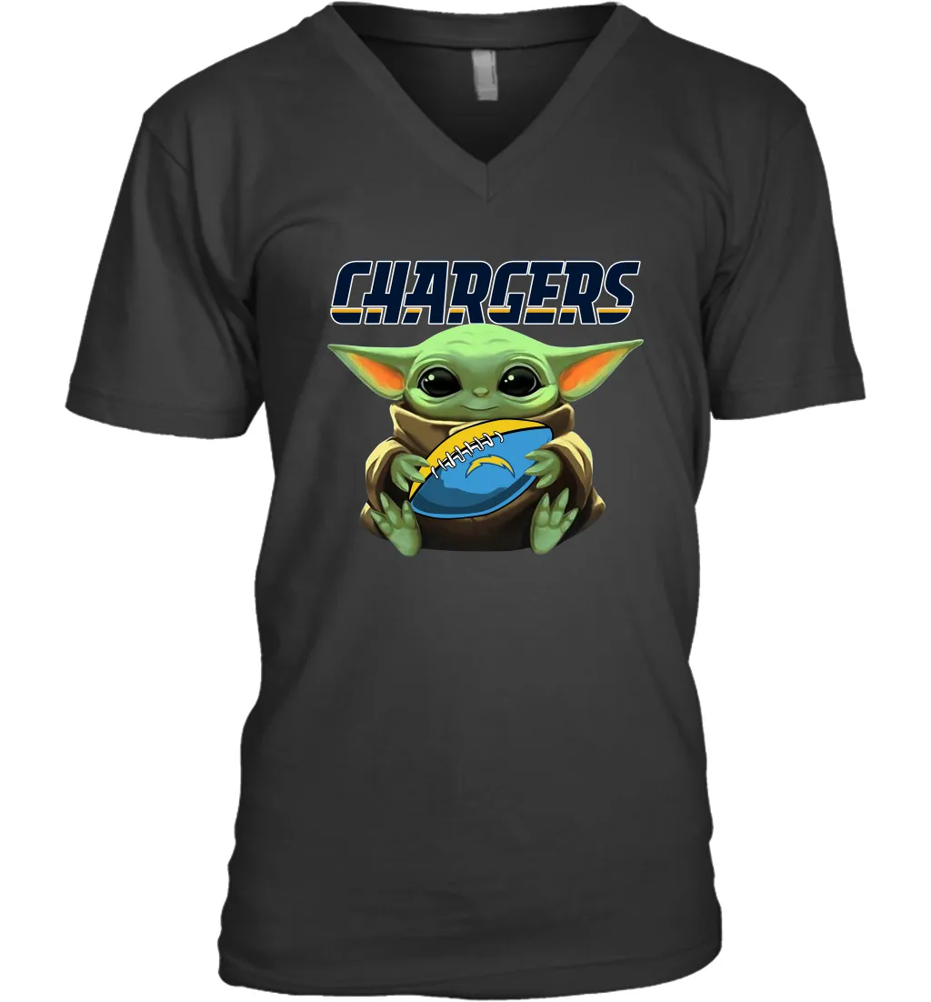 Baby Yoda Loves The Los Angeles Chargers Star Wars Baby Yoda Hugs Chargers NFL Mens V-Neck T-Shirt