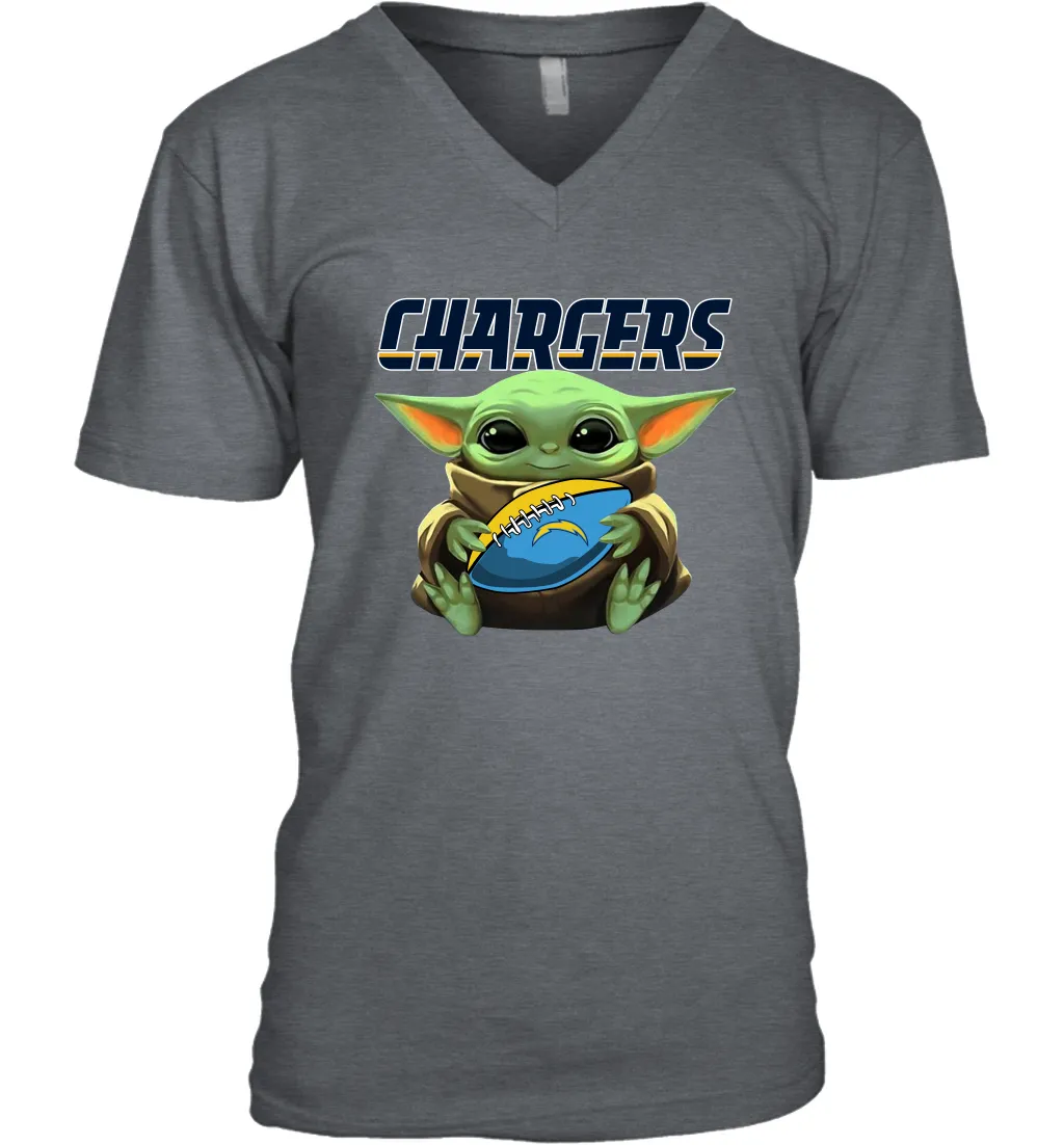 Baby Yoda Loves The Los Angeles Chargers Star Wars Baby Yoda Hugs Chargers NFL Mens V-Neck T-Shirt