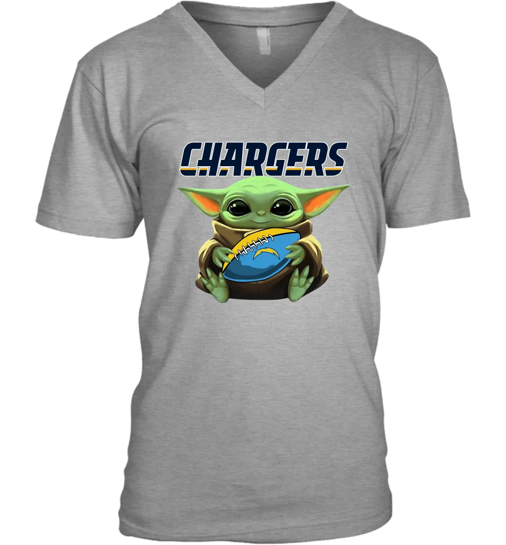 Baby Yoda Loves The Los Angeles Chargers Star Wars Baby Yoda Hugs Chargers NFL Mens V-Neck T-Shirt