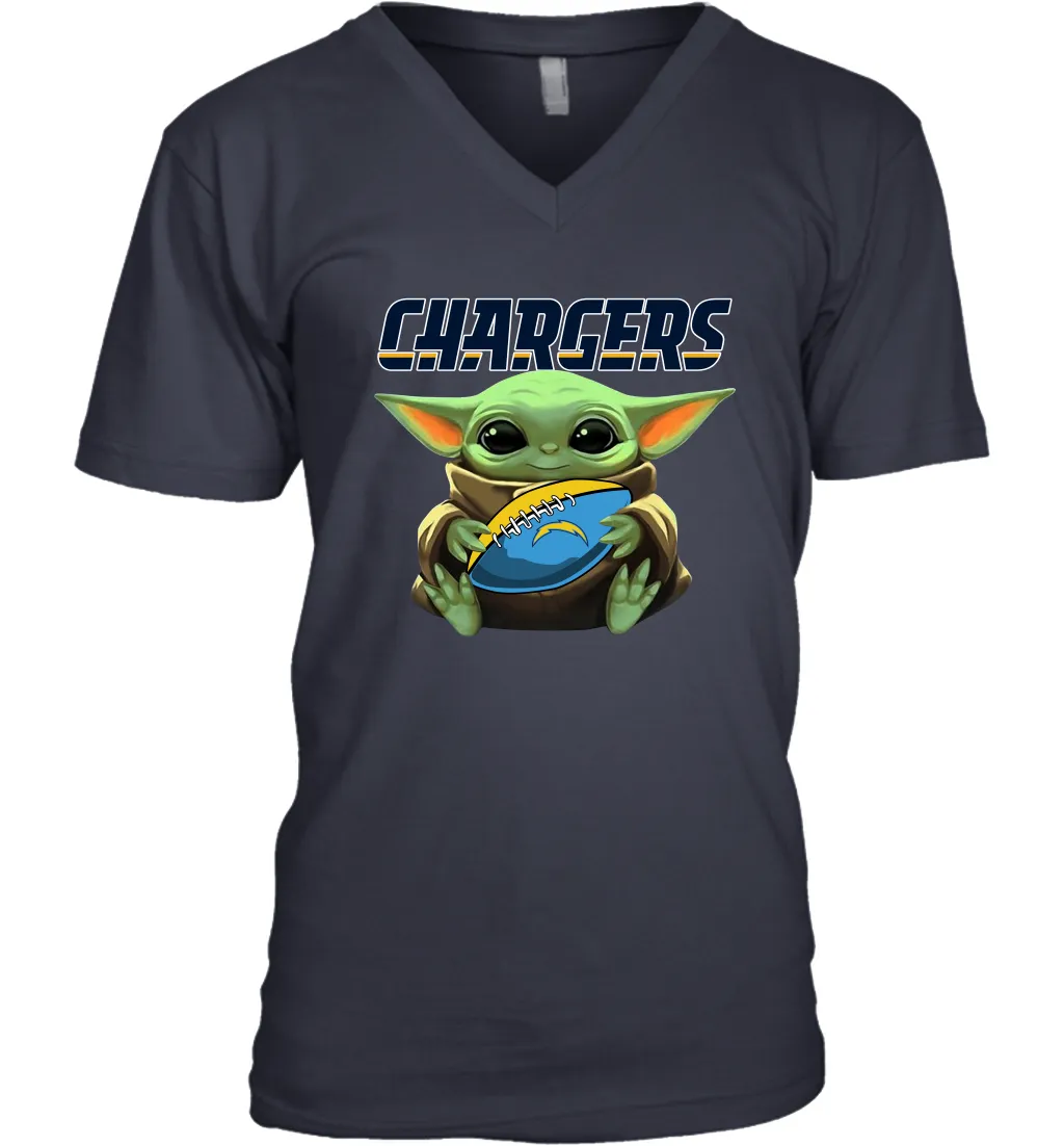 Baby Yoda Loves The Los Angeles Chargers Star Wars Baby Yoda Hugs Chargers NFL Mens V-Neck T-Shirt