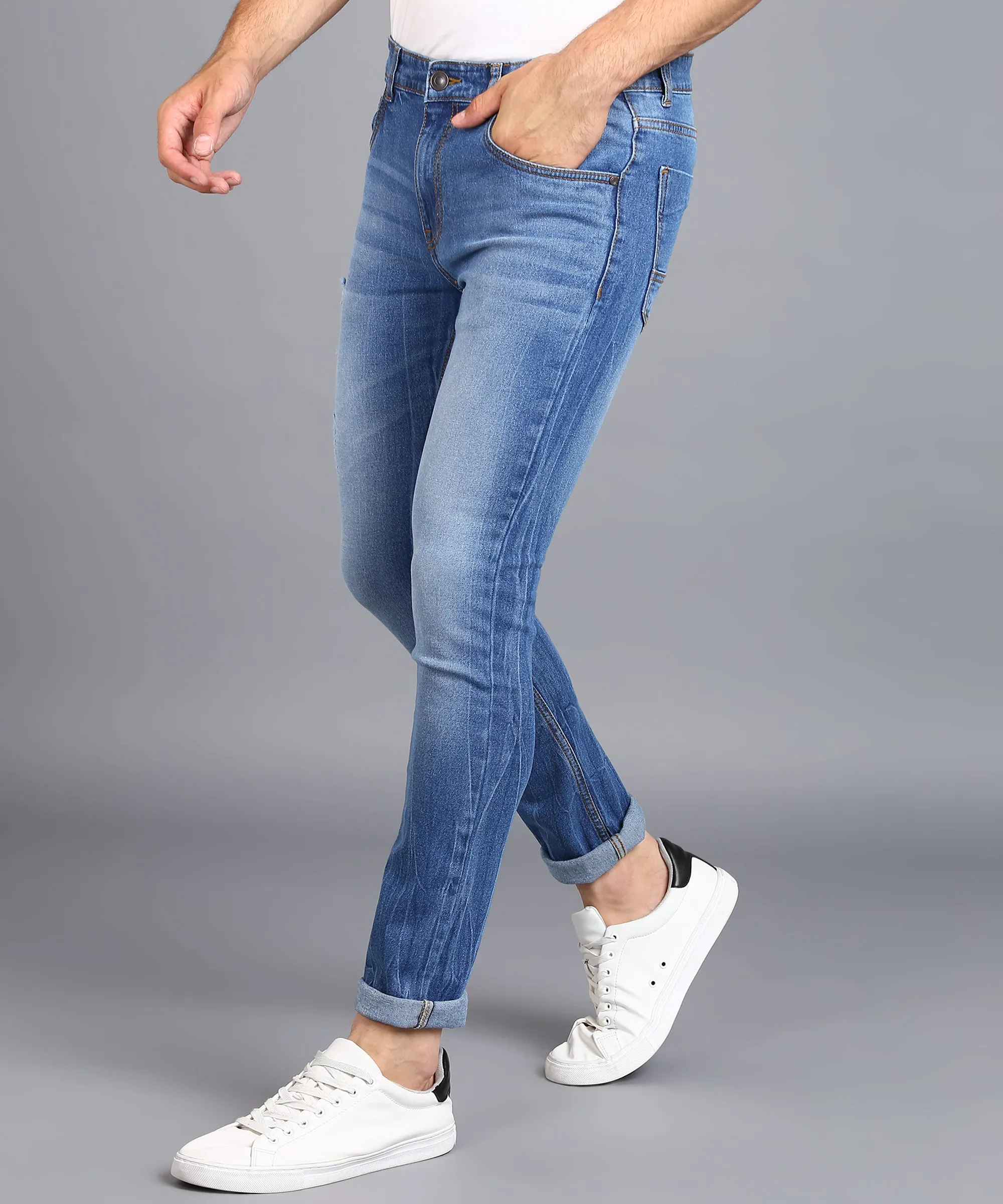Men's Dark Blue Skinny Fit Washed Jeans Stretchable