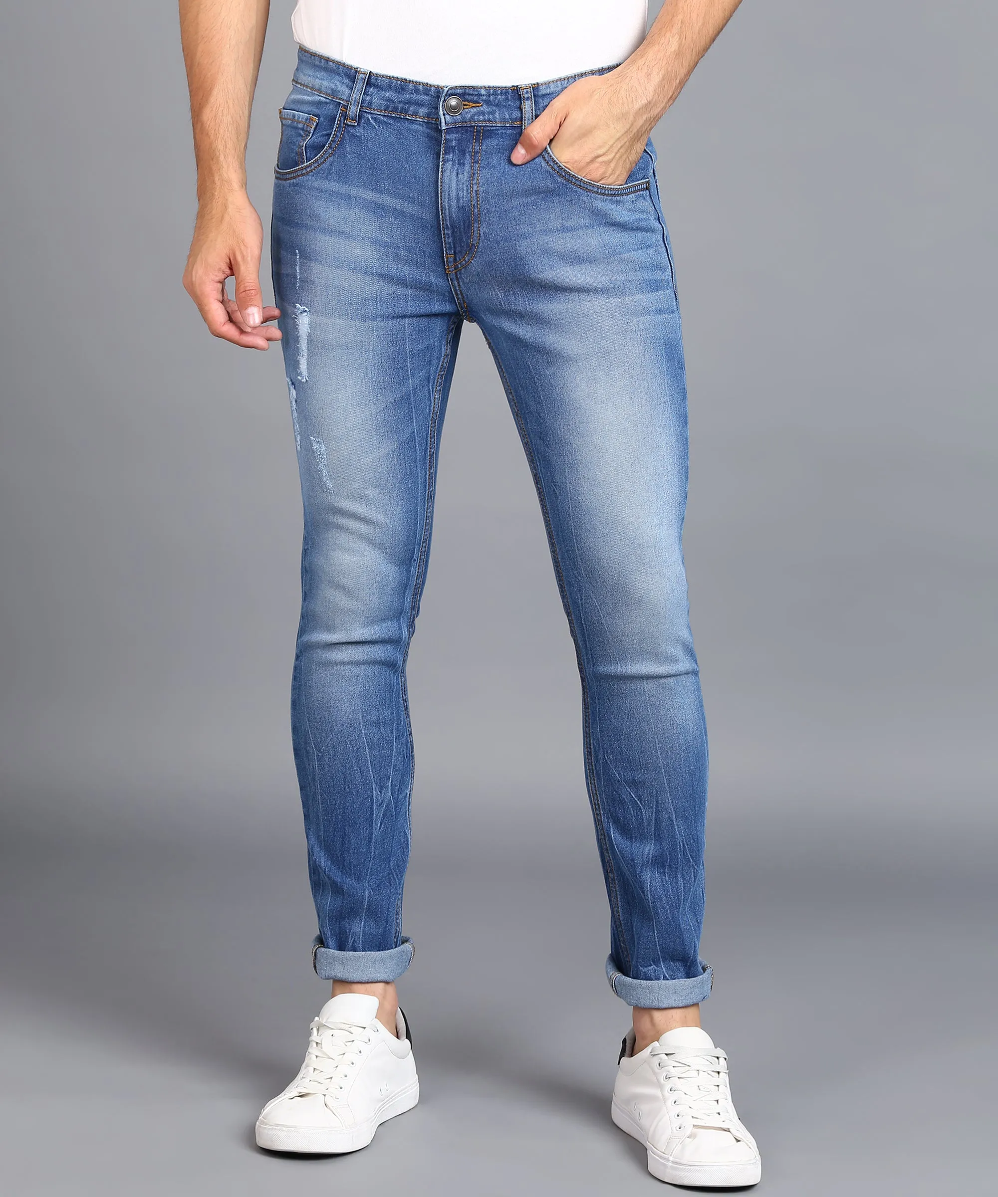 Men's Dark Blue Skinny Fit Washed Jeans Stretchable