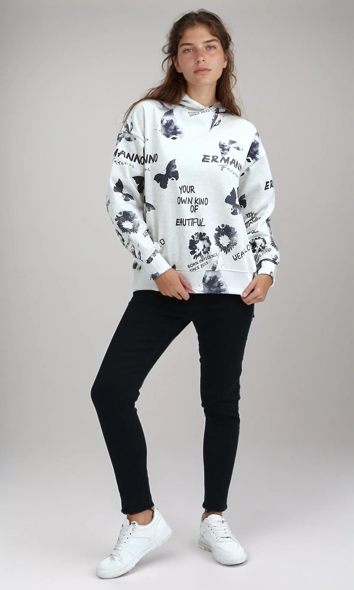 O200012 - Patterned Slip On Black & White Casual Hoodie