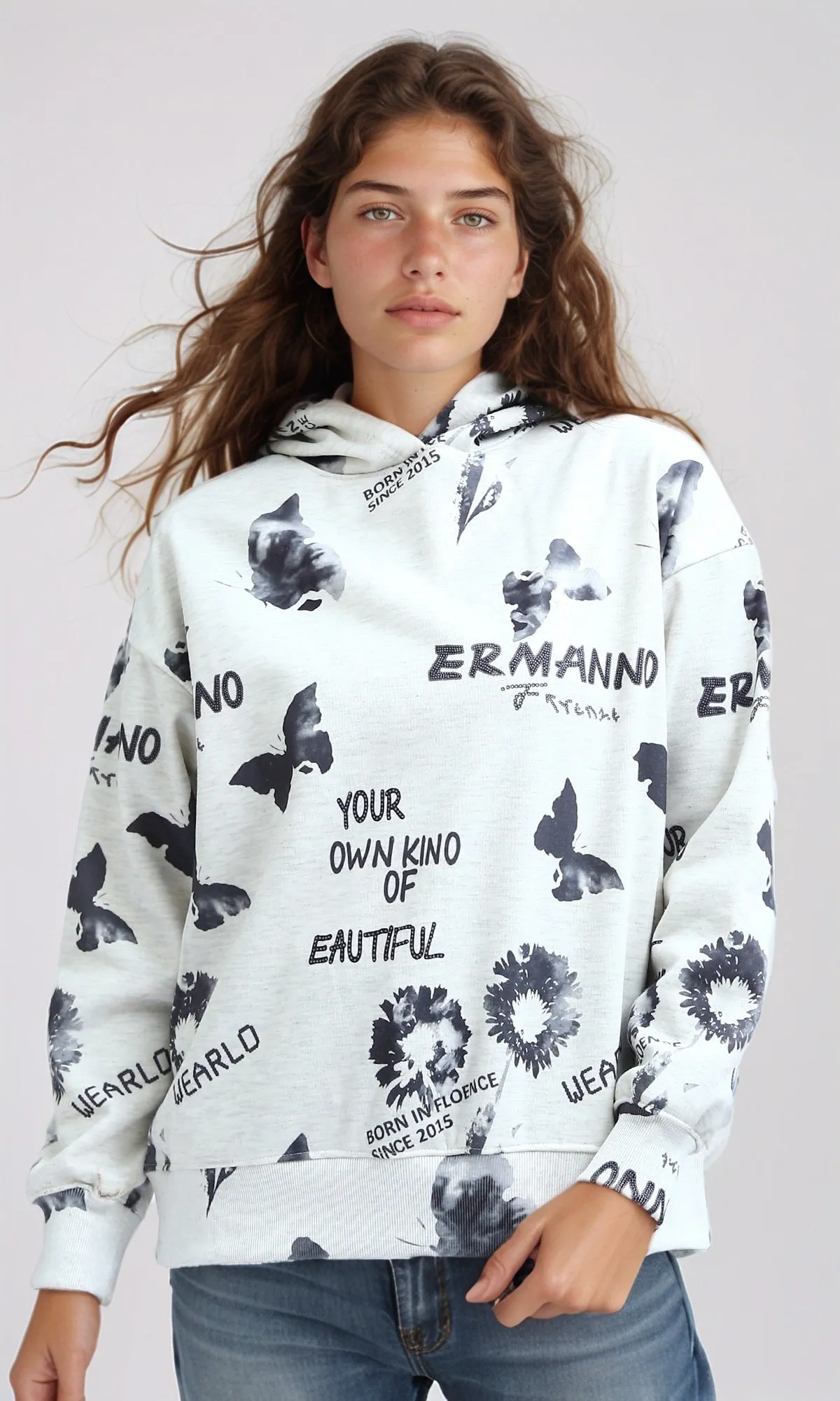 O200012 - Patterned Slip On Black & White Casual Hoodie