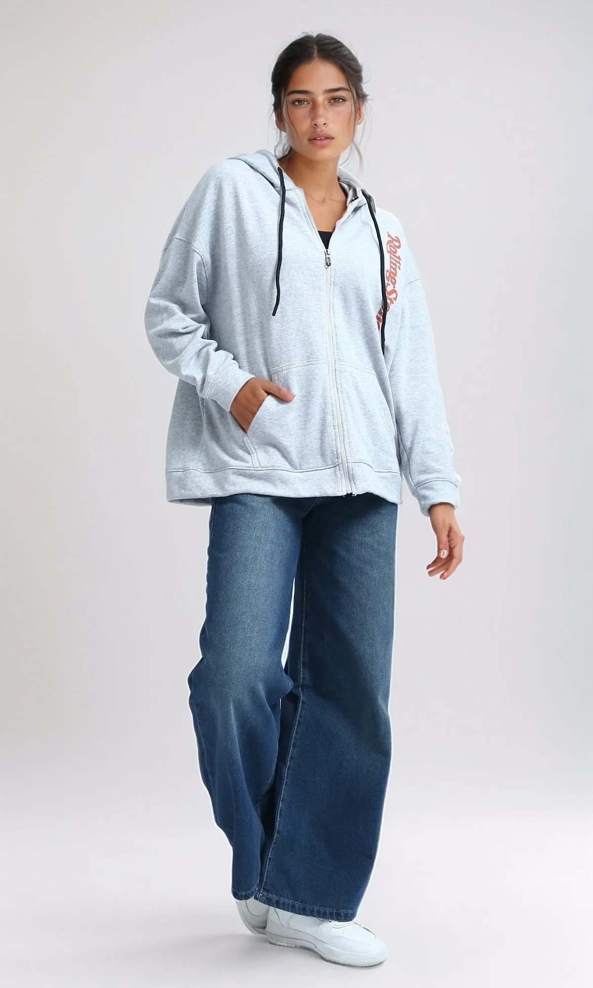 O200152 - Winter Zipper Through Pocket Printed Hoodie - Heather Grey