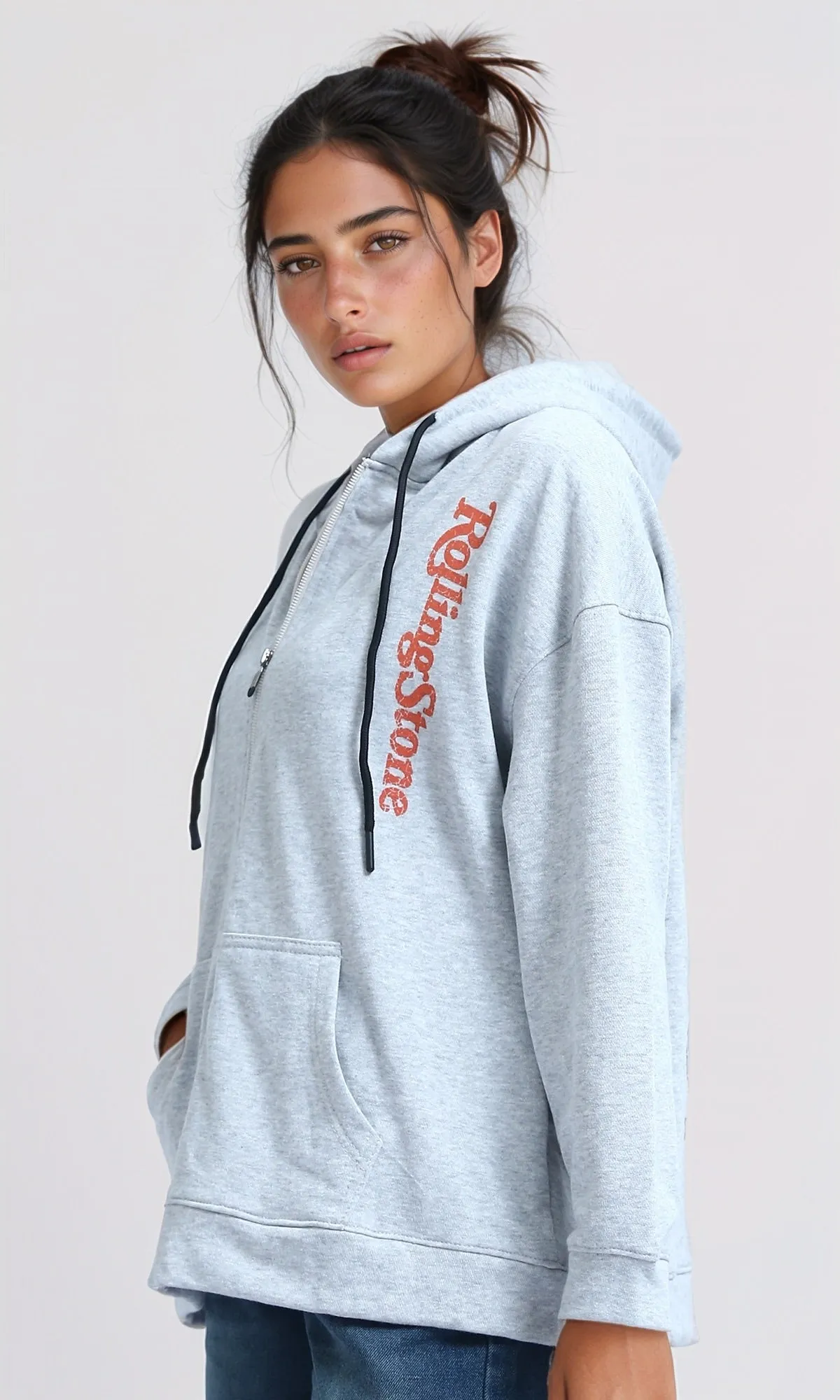 O200152 - Winter Zipper Through Pocket Printed Hoodie - Heather Grey