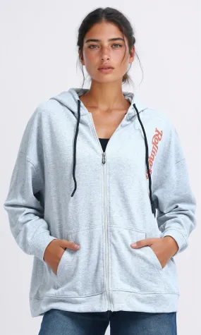 O200152 - Winter Zipper Through Pocket Printed Hoodie - Heather Grey