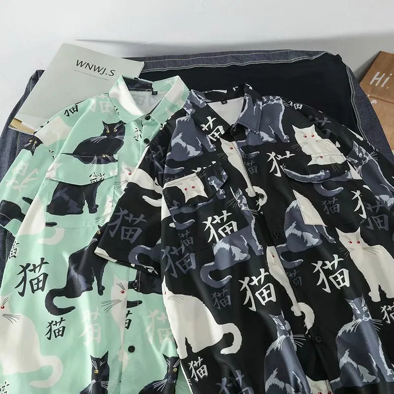 Summer high quality Mens Hawaiian Shirt 3D animal black cat Printed Short lapel Sleeve