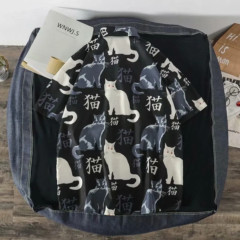 Summer high quality Mens Hawaiian Shirt 3D animal black cat Printed Short lapel Sleeve