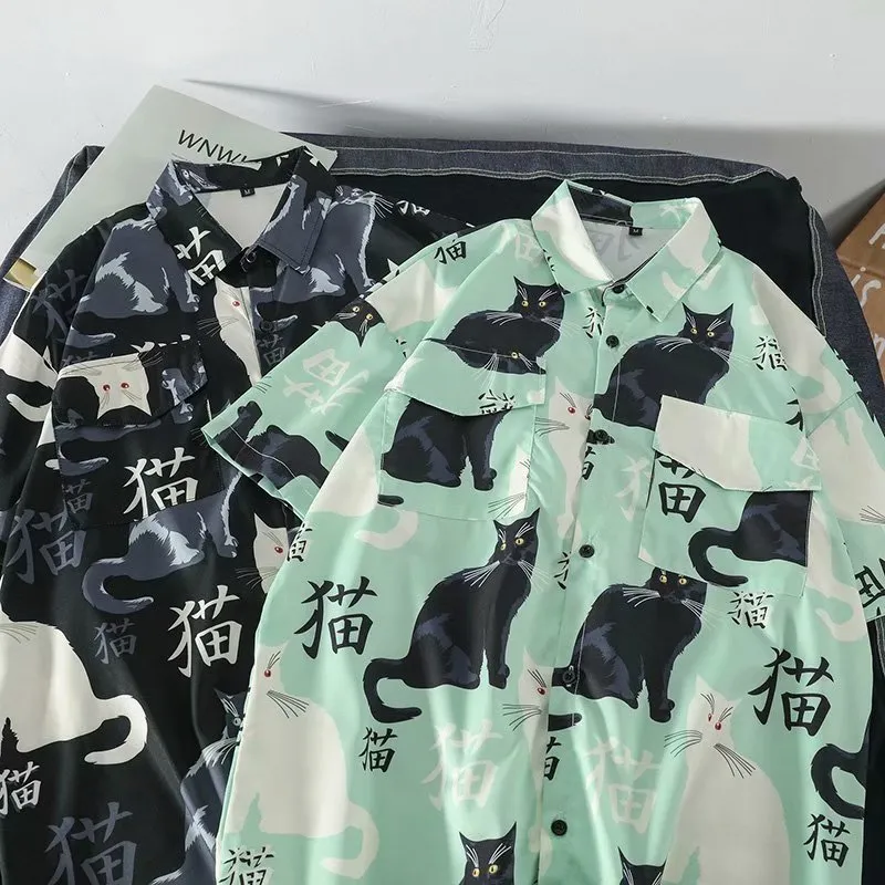 Summer high quality Mens Hawaiian Shirt 3D animal black cat Printed Short lapel Sleeve