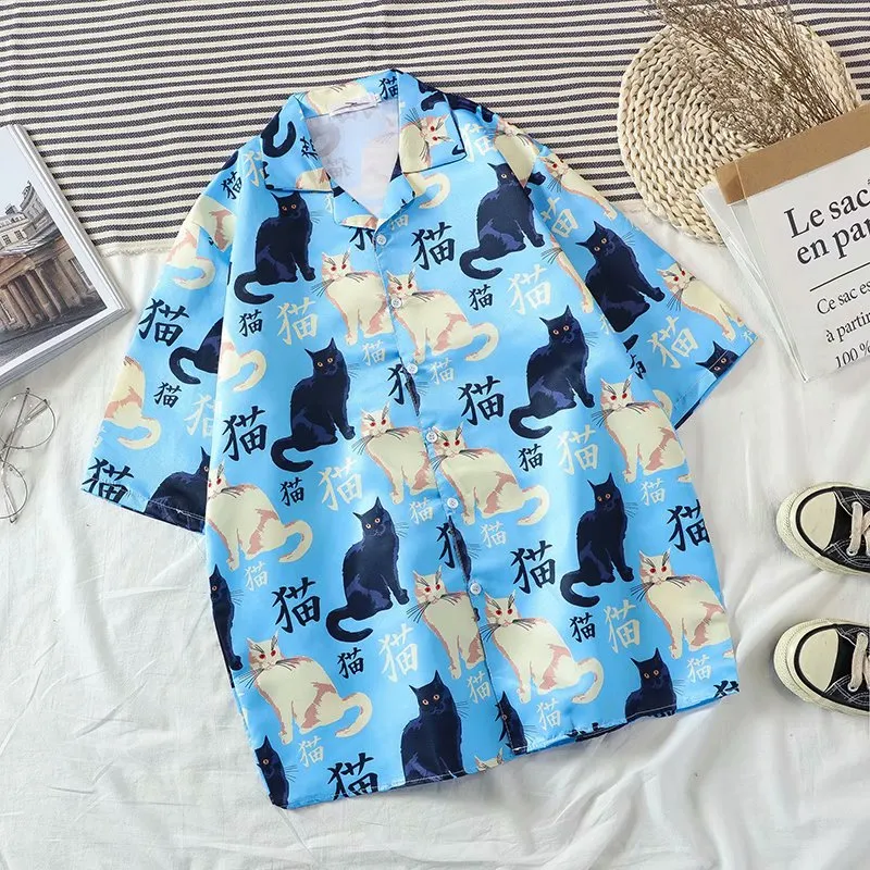 Summer high quality Mens Hawaiian Shirt 3D animal black cat Printed Short lapel Sleeve