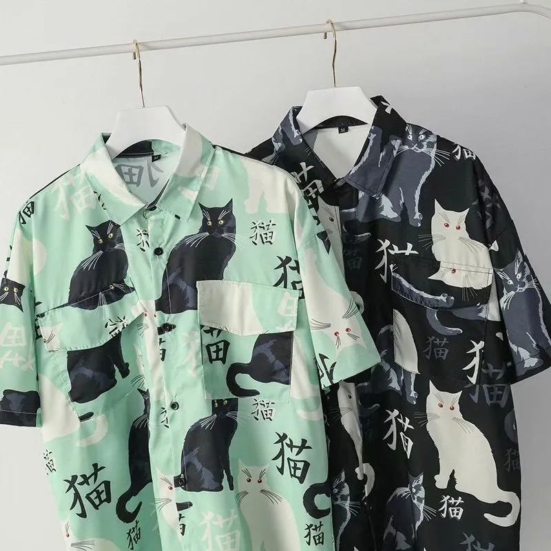 Summer high quality Mens Hawaiian Shirt 3D animal black cat Printed Short lapel Sleeve