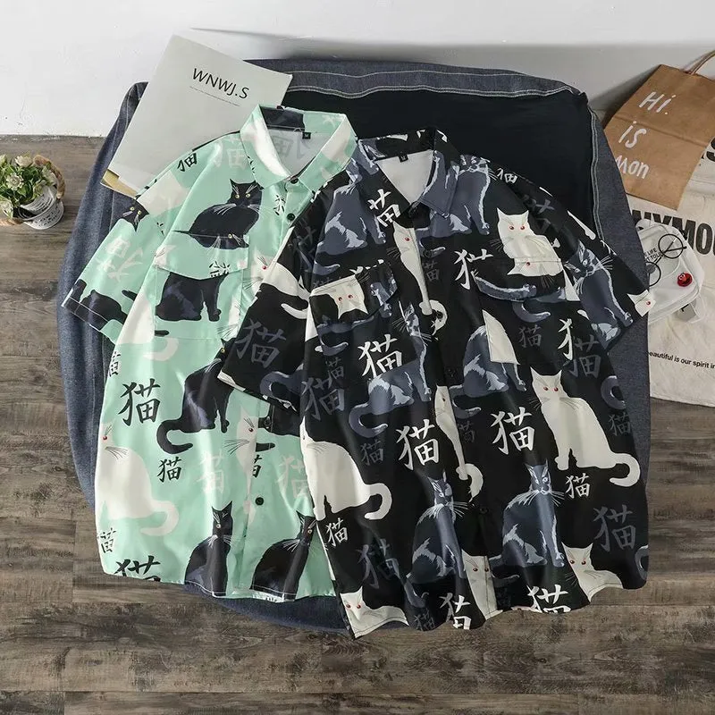 Summer high quality Mens Hawaiian Shirt 3D animal black cat Printed Short lapel Sleeve