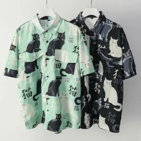 Summer high quality Mens Hawaiian Shirt 3D animal black cat Printed Short lapel Sleeve