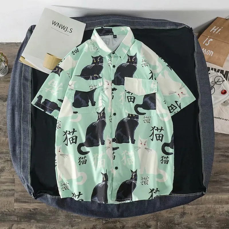 Summer high quality Mens Hawaiian Shirt 3D animal black cat Printed Short lapel Sleeve