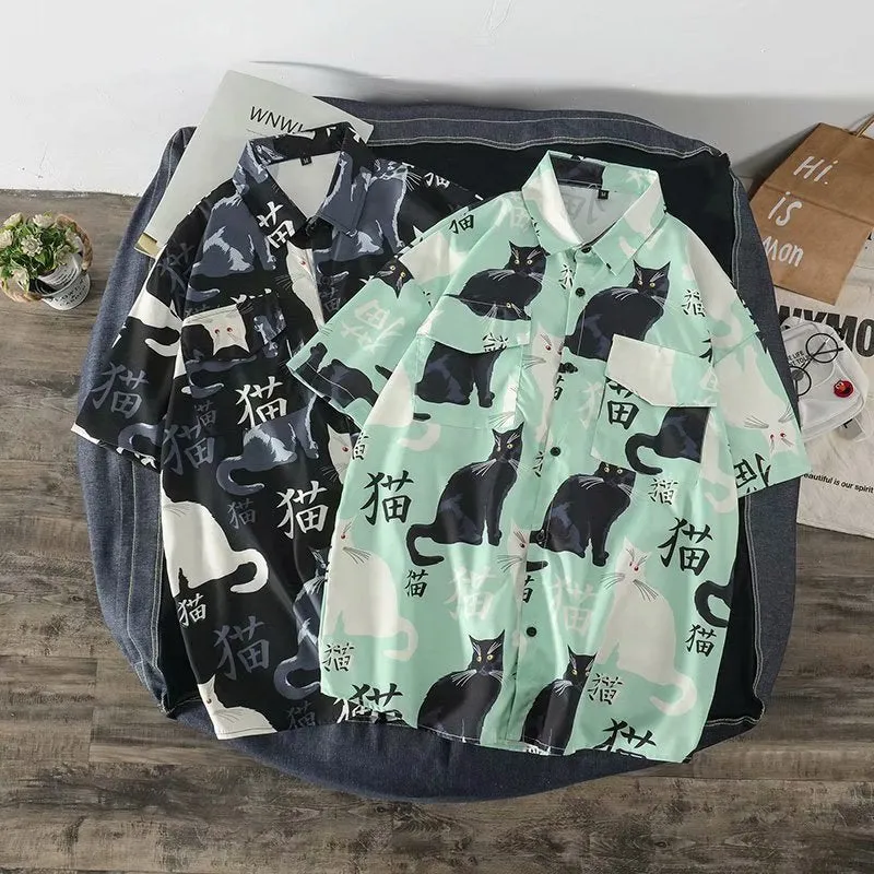 Summer high quality Mens Hawaiian Shirt 3D animal black cat Printed Short lapel Sleeve