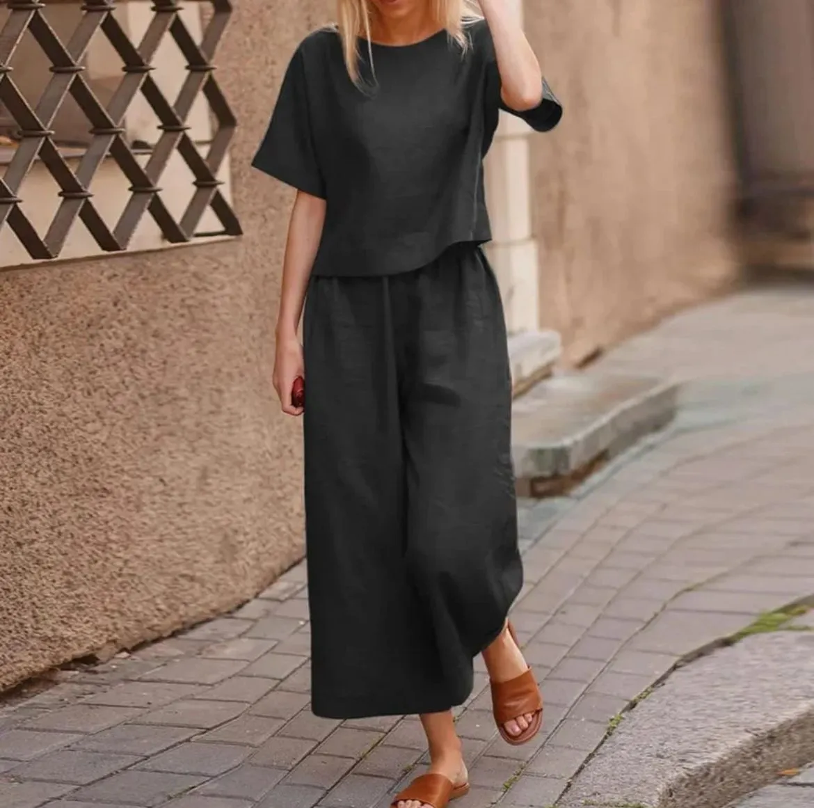 Two Piece Sets Women Summer Casual Cotton Linen O-Neck Tops And Pants Set B-21378