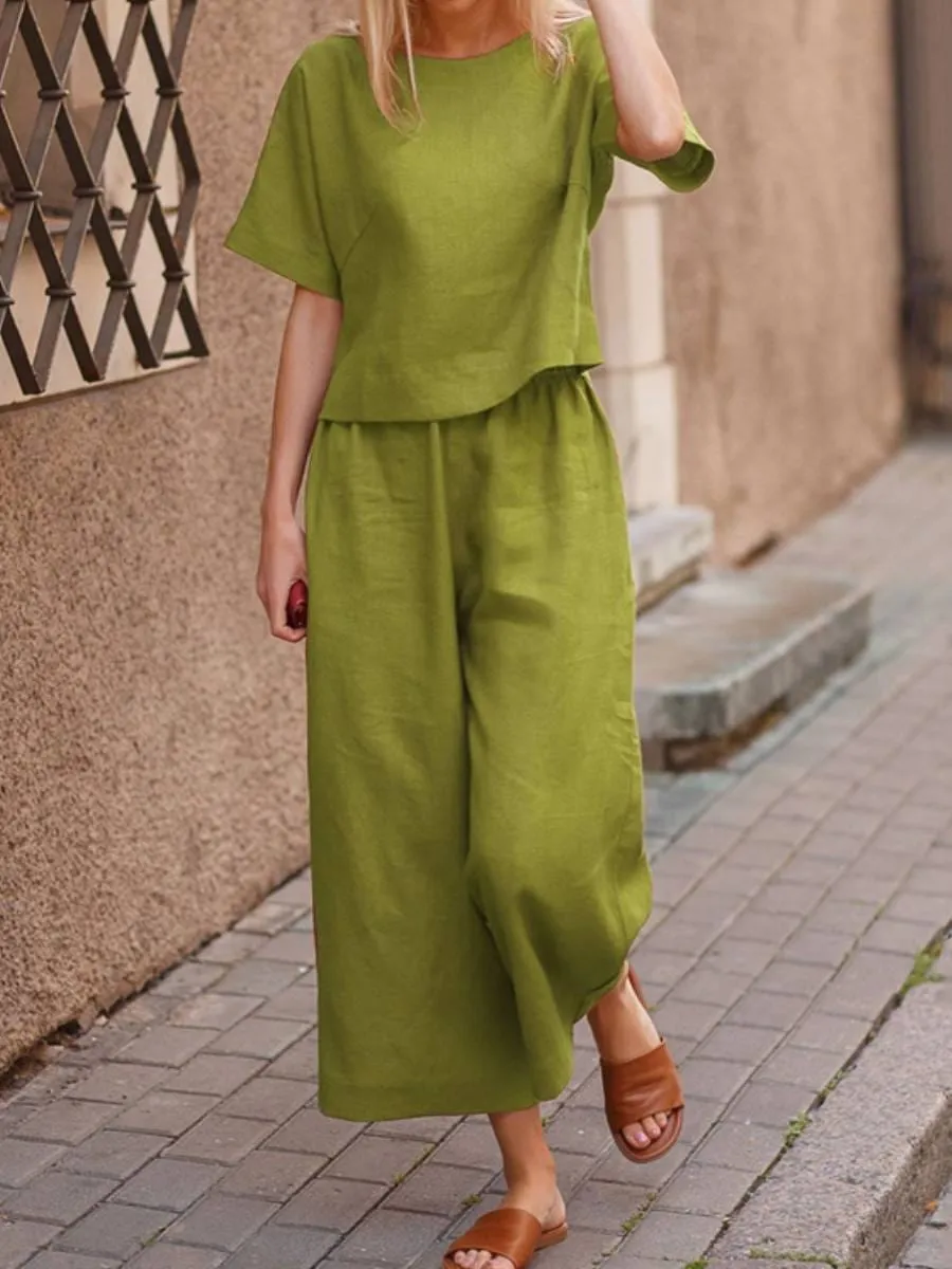 Two Piece Sets Women Summer Casual Cotton Linen O-Neck Tops And Pants Set B-21378