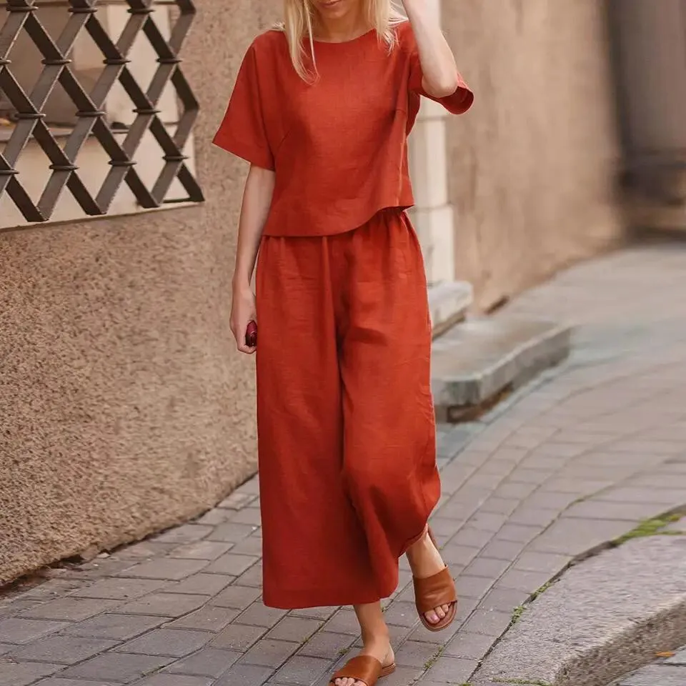 Two Piece Sets Women Summer Casual Cotton Linen O-Neck Tops And Pants Set B-21378