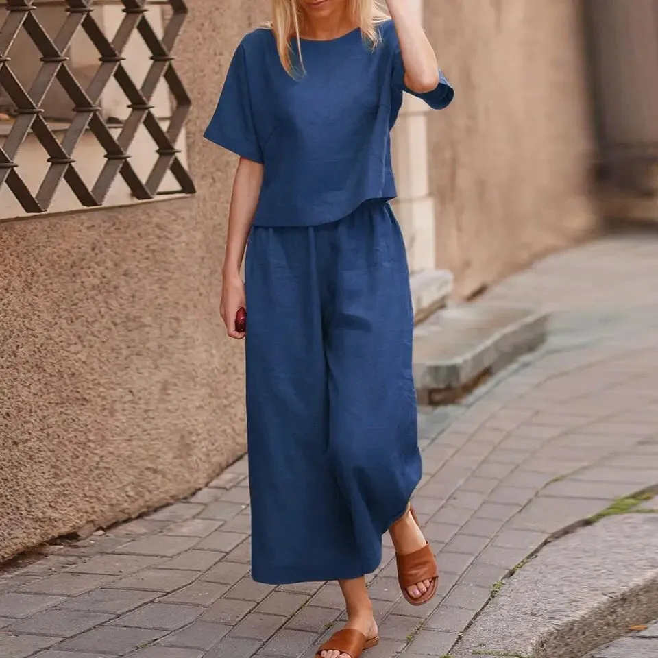 Two Piece Sets Women Summer Casual Cotton Linen O-Neck Tops And Pants Set B-21378