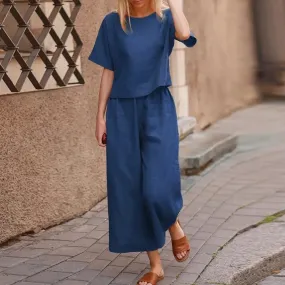 Two Piece Sets Women Summer Casual Cotton Linen O-Neck Tops And Pants Set B-21378